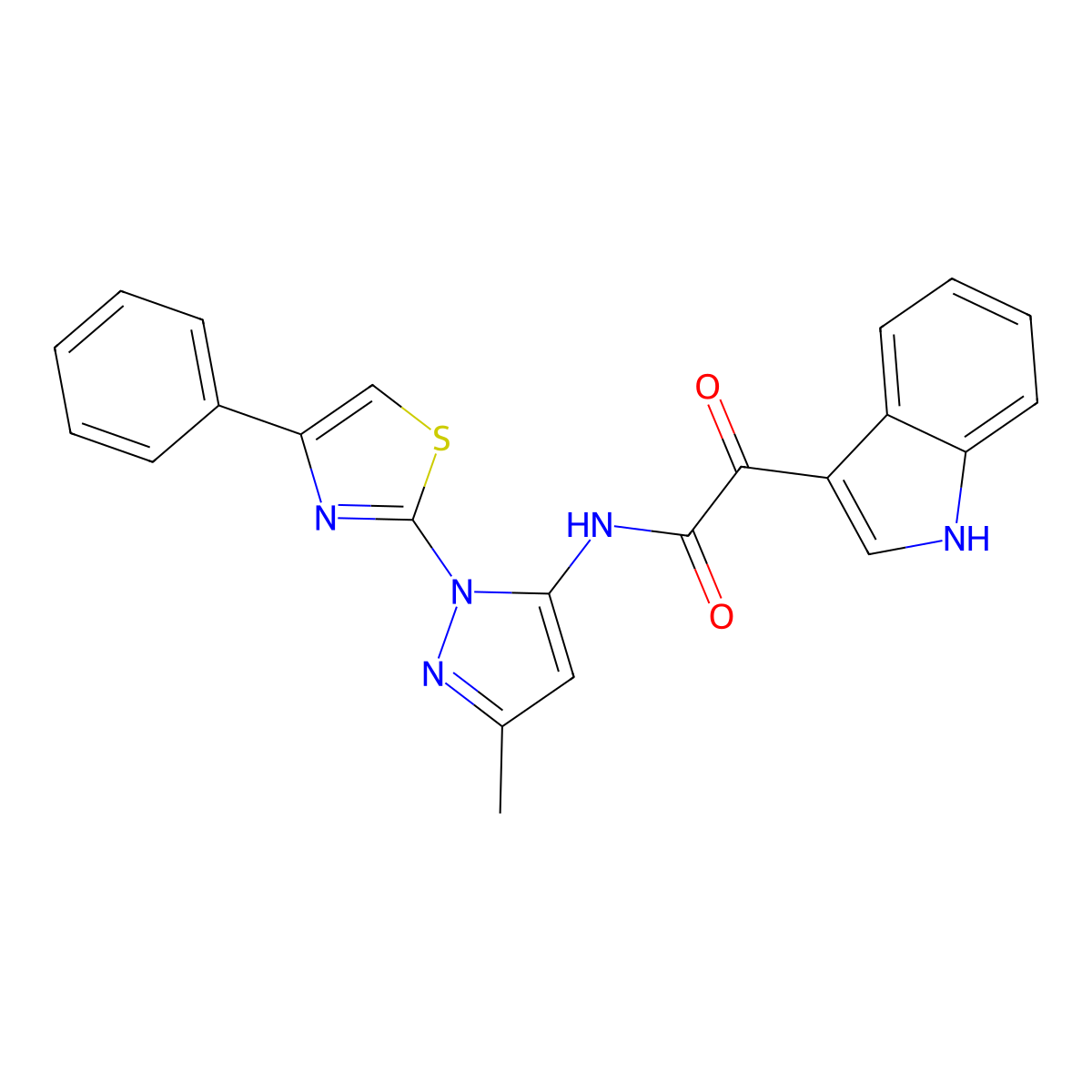 2-(1H-indol-3-yl)-N-(3-methyl-1-(4-phenylthiazol-2-yl)-1H-pyrazol-5-yl)-2-oxoacetamide molecular structure, CAS 1020489-24-0