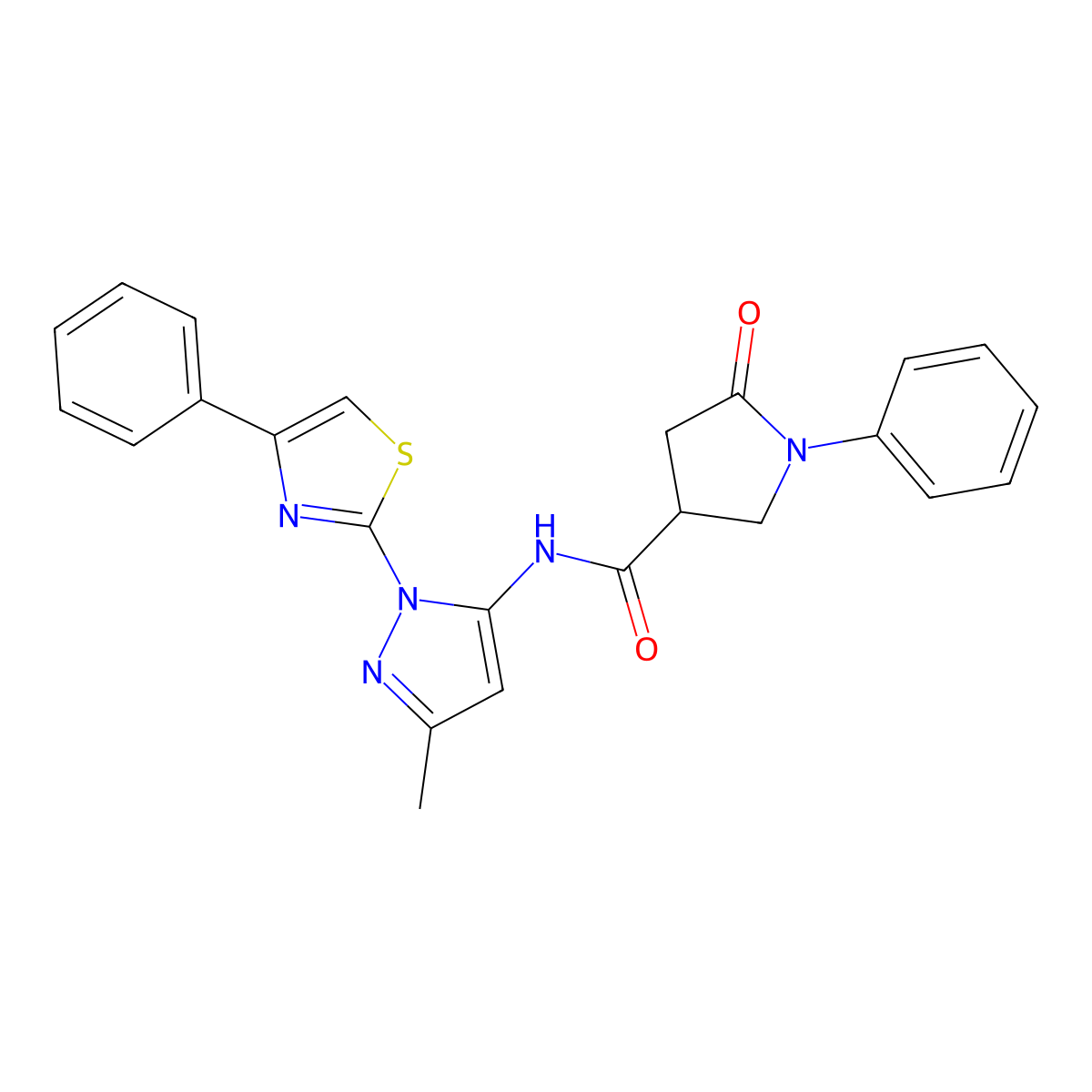 N-(3-methyl-1-(4-phenylthiazol-2-yl)-1H-pyrazol-5-yl)-5-oxo-1-phenylpyrrolidine-3-carboxamide molecular structure, CAS 1020489-26-2
