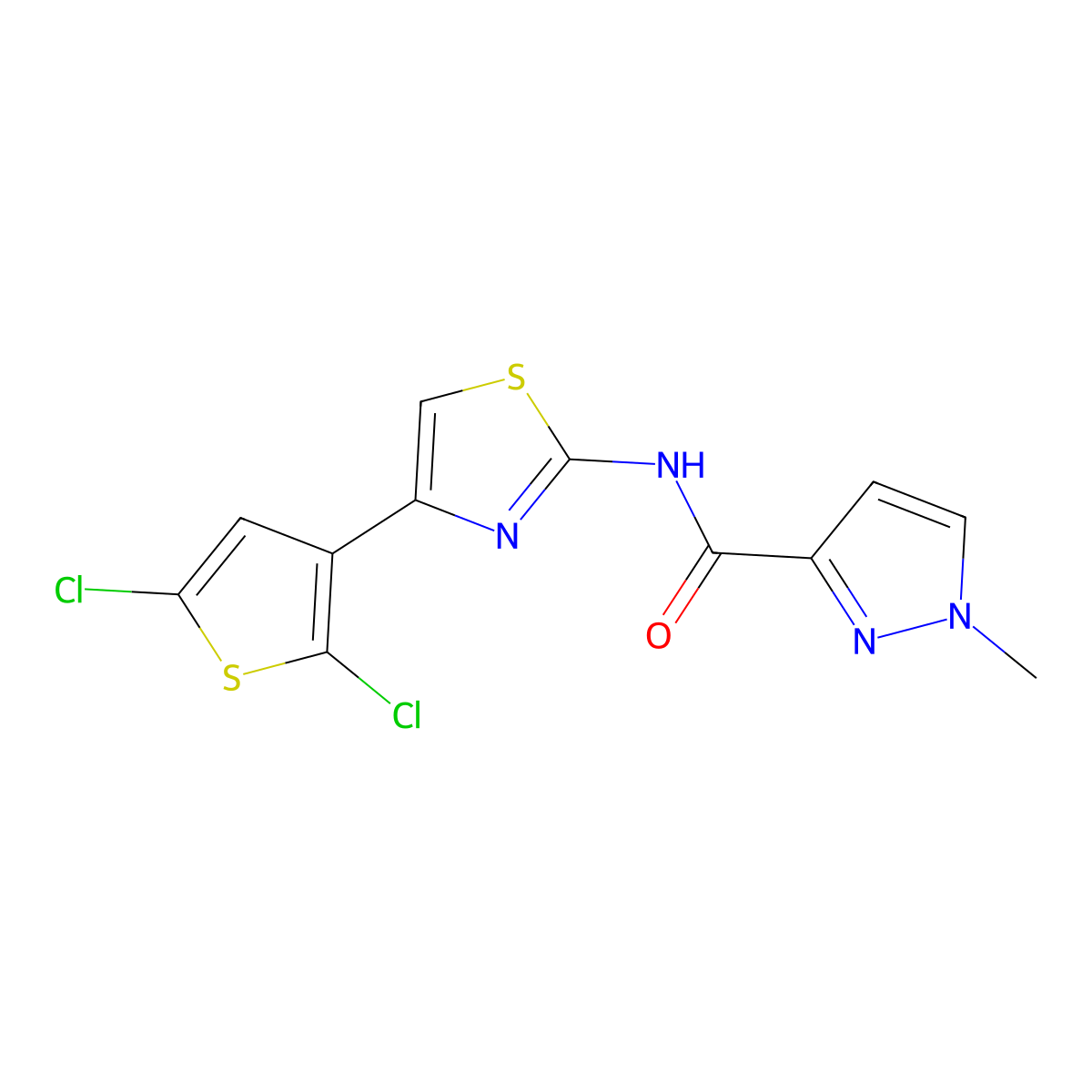 N-[4-(2,5-dichlorothiophen-3-yl)-1,3-thiazol-2-yl]-1-methyl-1H-pyrazole-3-carboxamide molecular structure, CAS 1020489-27-3