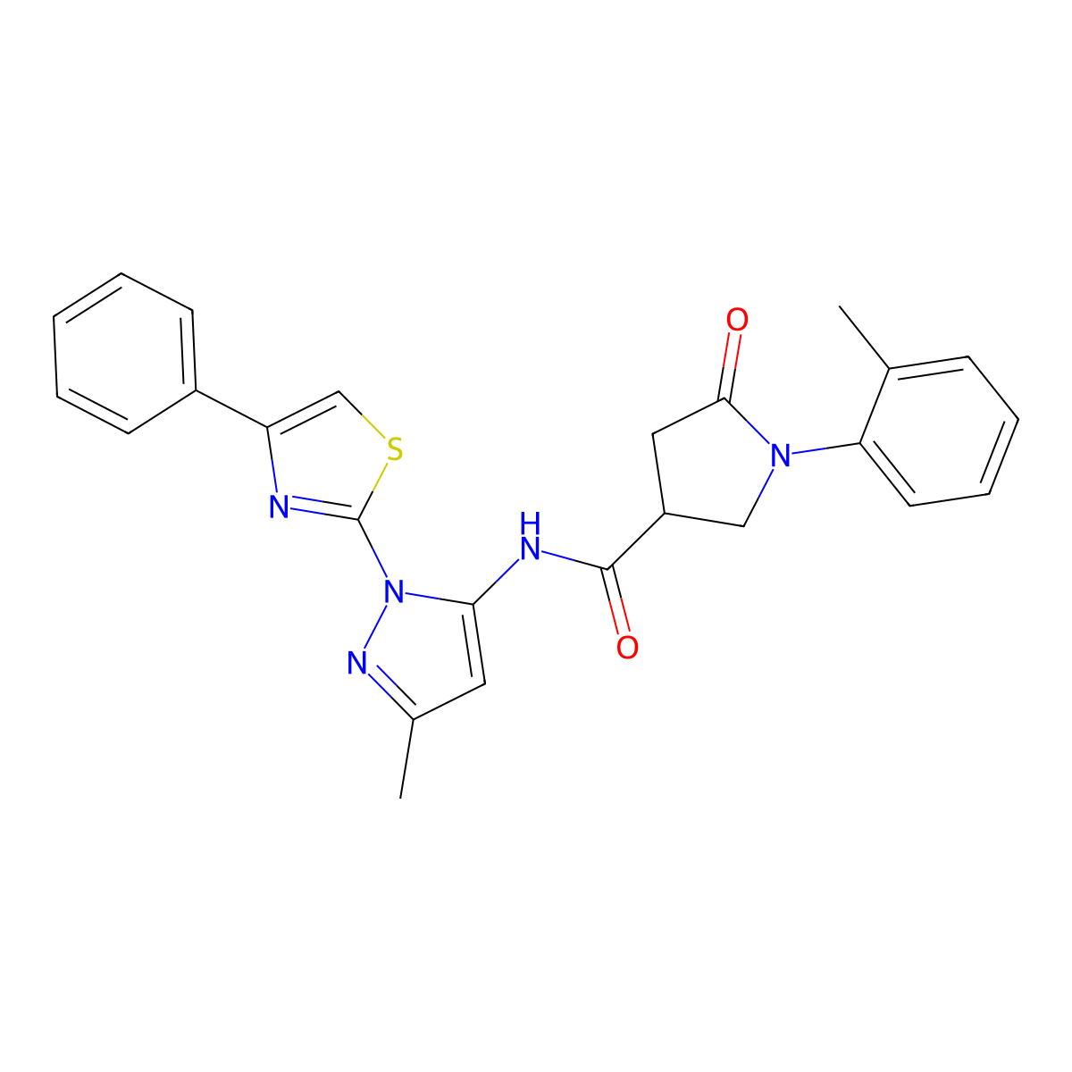 N-(3-methyl-1-(4-phenylthiazol-2-yl)-1H-pyrazol-5-yl)-5-oxo-1-(o-tolyl)pyrrolidine-3-carboxamide molecular structure, CAS 1020489-28-4