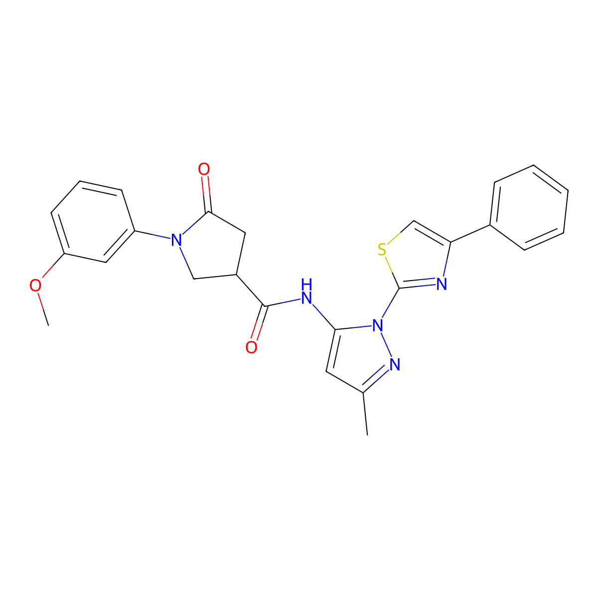 1-(3-methoxyphenyl)-N-(3-methyl-1-(4-phenylthiazol-2-yl)-1H-pyrazol-5-yl)-5-oxopyrrolidine-3-carboxamide molecular structure, CAS 1020489-30-8