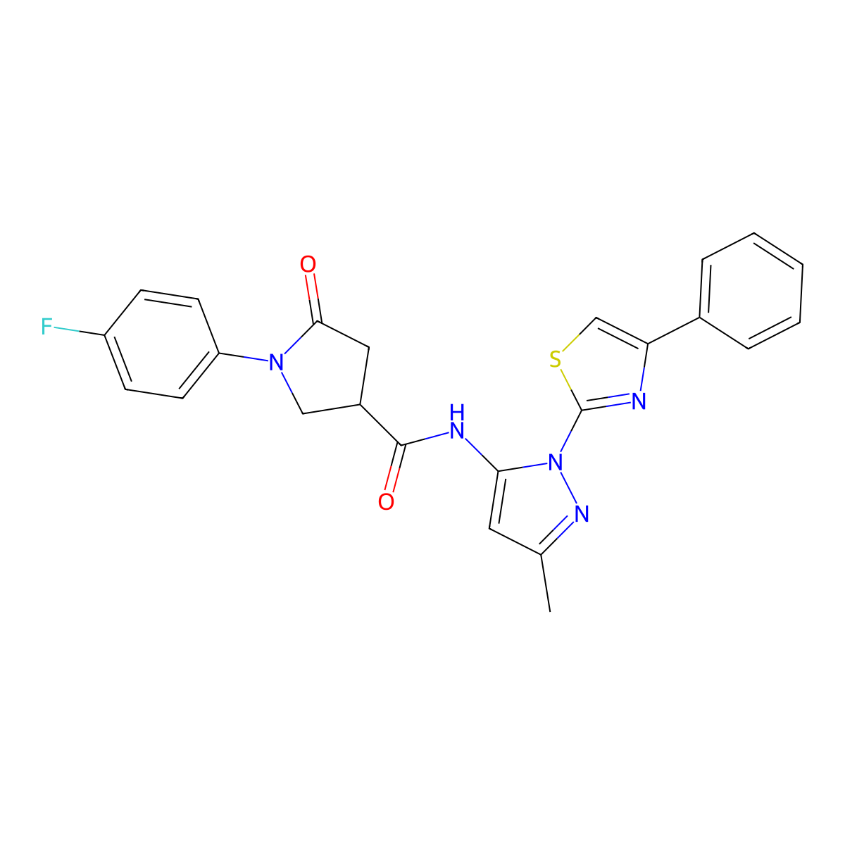 1-(4-fluorophenyl)-N-(3-methyl-1-(4-phenylthiazol-2-yl)-1H-pyrazol-5-yl)-5-oxopyrrolidine-3-carboxamide molecular structure, CAS 1020489-32-0