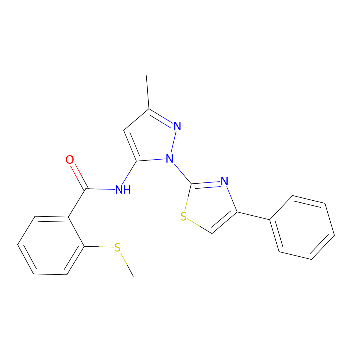 N-(3-methyl-1-(4-phenylthiazol-2-yl)-1H-pyrazol-5-yl)-2-(methylthio)benzamide molecular structure, CAS 1020489-33-1