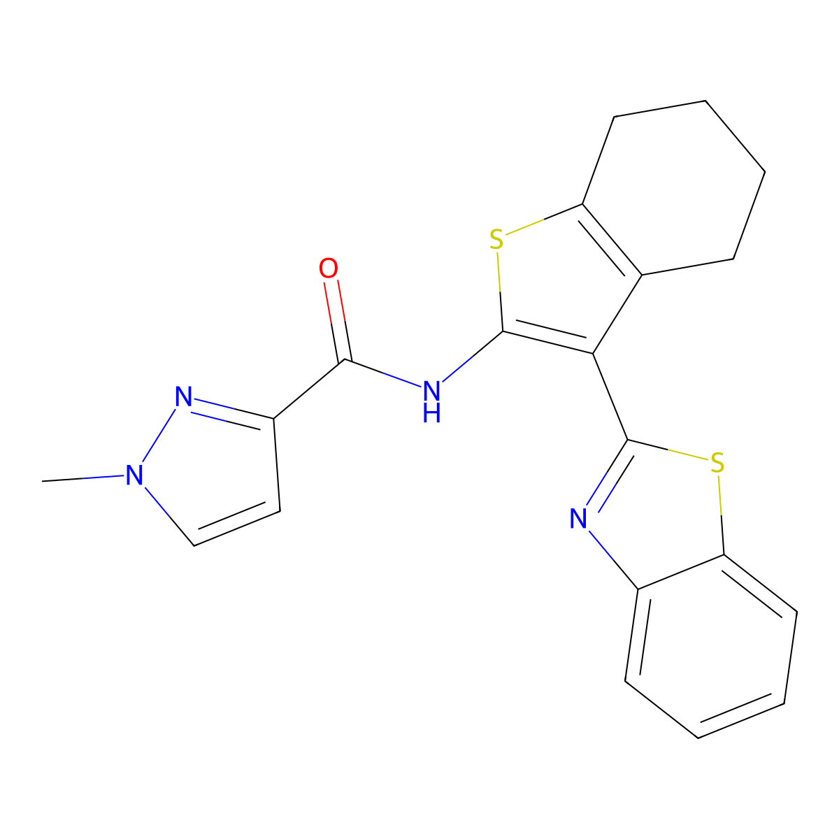 N-(3-(benzo[d]thiazol-2-yl)-4,5,6,7-tetrahydrobenzo[b]thiophen-2-yl)-1-methyl-1H-pyrazole-3-carboxamide molecular structure, CAS 1020489-34-2