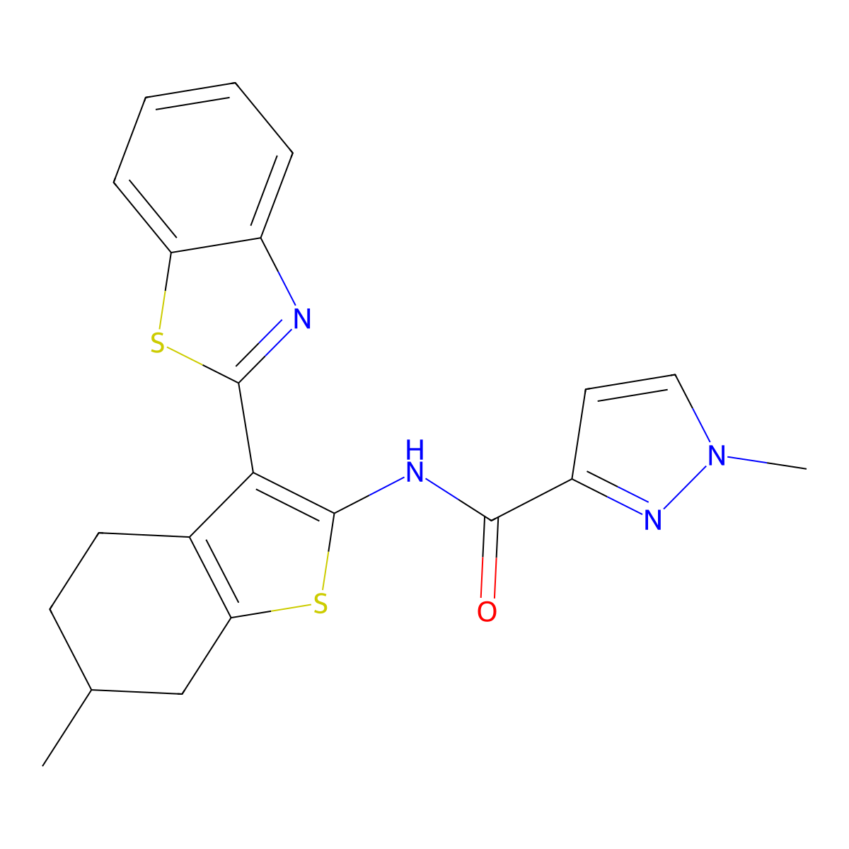 N-(3-(benzo[d]thiazol-2-yl)-6-methyl-4,5,6,7-tetrahydrobenzo[b]thiophen-2-yl)-1-methyl-1H-pyrazole-3-carboxamide molecular structure, CAS 1020489-36-4