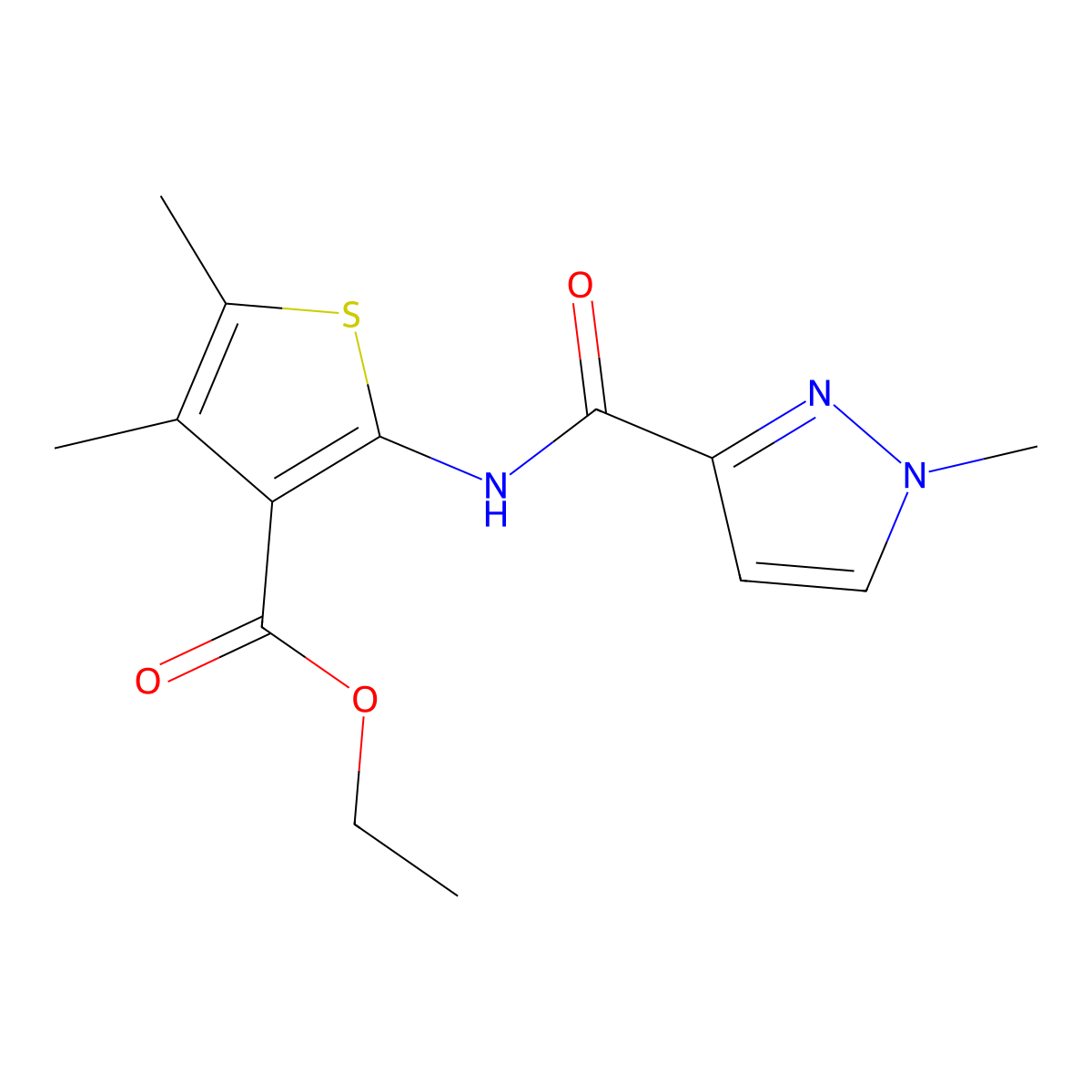 ethyl 4,5-dimethyl-2-(1-methyl-1H-pyrazole-3-carboxamido)thiophene-3-carboxylate molecular structure, CAS 1020489-38-6