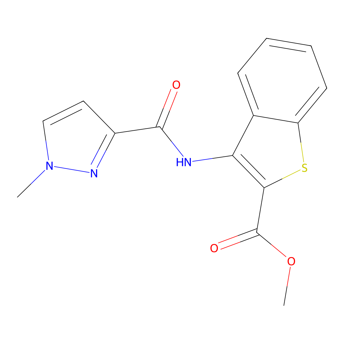 methyl 3-(1-methyl-1H-pyrazole-3-amido)-1-benzothiophene-2-carboxylate molecular structure, CAS 1020489-42-2