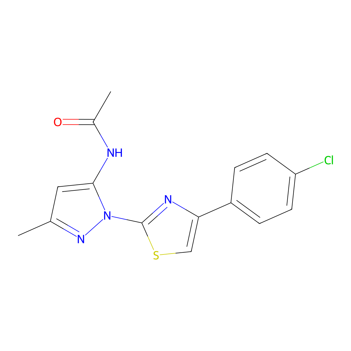 N-{1-[4-(4-chlorophenyl)-1,3-thiazol-2-yl]-3-methyl-1H-pyrazol-5-yl}acetamide molecular structure, CAS 1020489-43-3