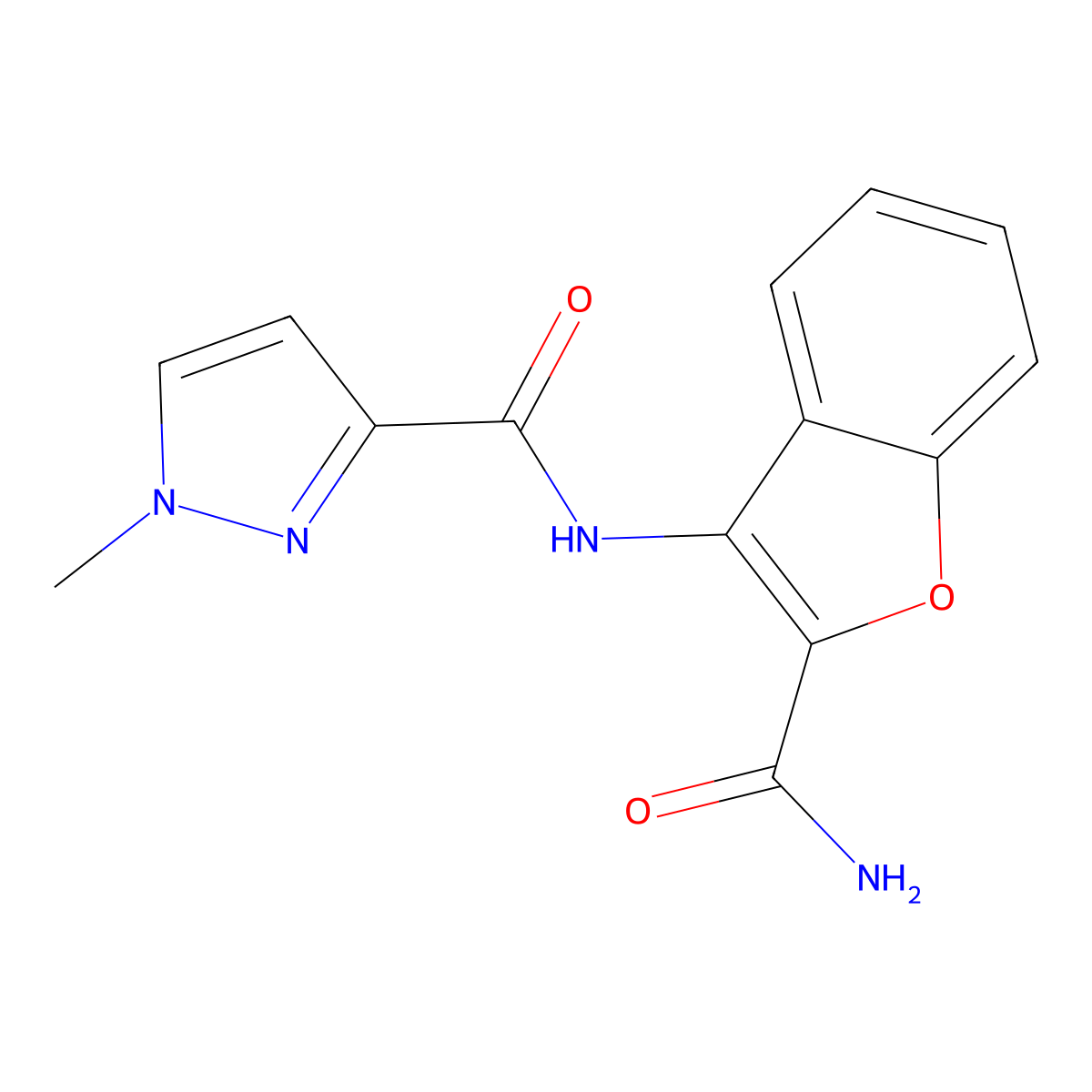 N-(2-carbamoyl-1-benzofuran-3-yl)-1-methyl-1H-pyrazole-3-carboxamide molecular structure, CAS 1020489-44-4