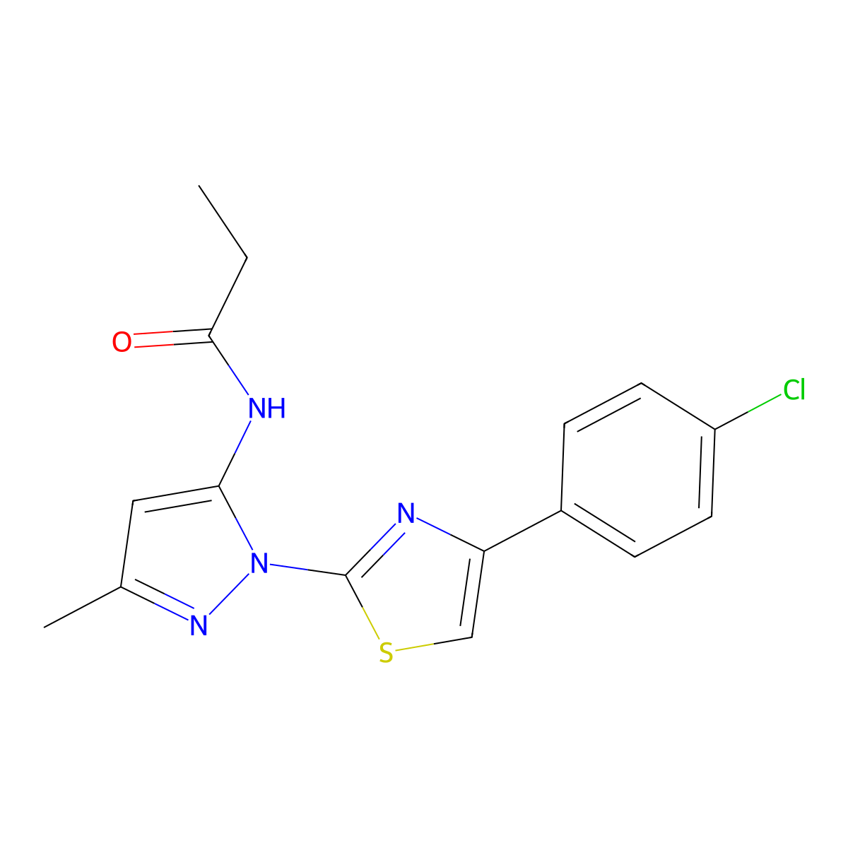 N-(1-(4-(4-chlorophenyl)thiazol-2-yl)-3-methyl-1H-pyrazol-5-yl)propionamide molecular structure, CAS 1020489-45-5