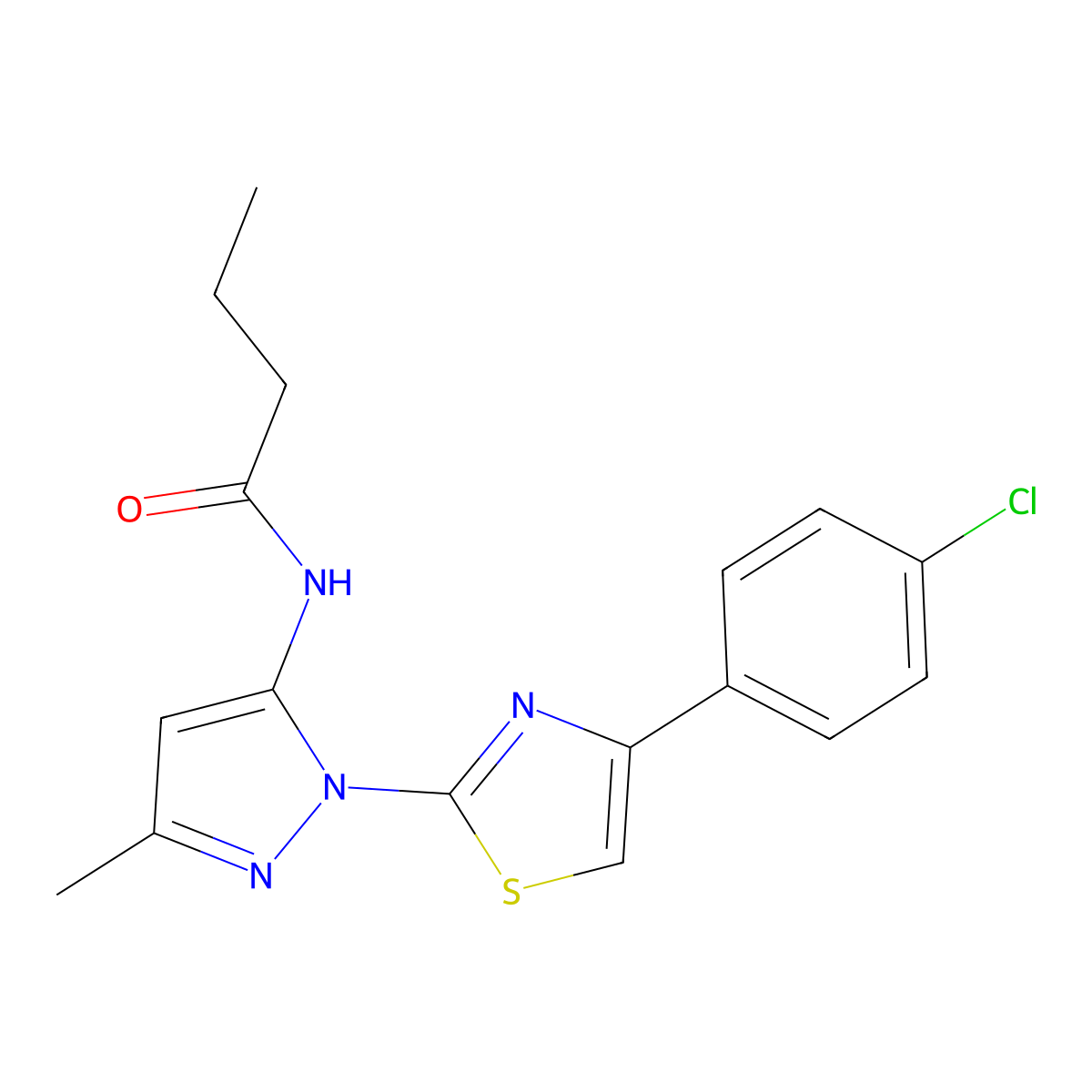 N-(1-(4-(4-chlorophenyl)thiazol-2-yl)-3-methyl-1H-pyrazol-5-yl)butyramide molecular structure, CAS 1020489-47-7