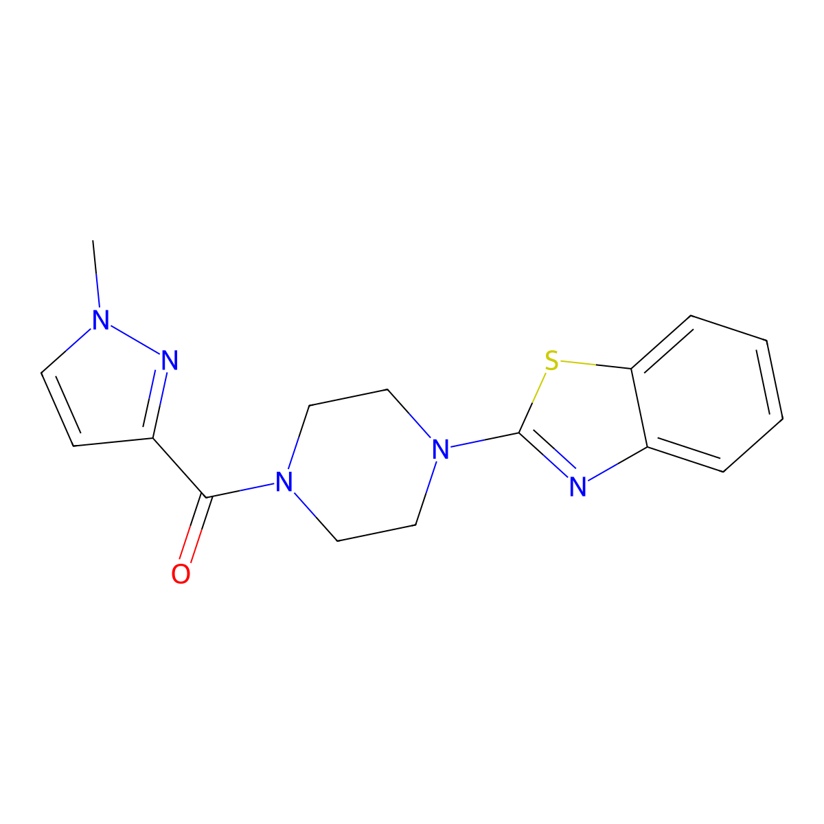 2-[4-(1-methyl-1H-pyrazole-3-carbonyl)piperazin-1-yl]-1,3-benzothiazole molecular structure, CAS 1020489-48-8