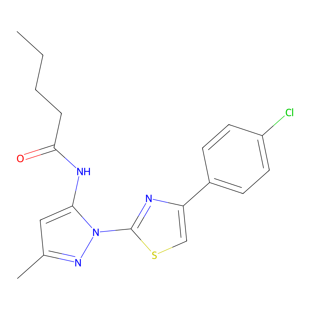 N-(1-(4-(4-chlorophenyl)thiazol-2-yl)-3-methyl-1H-pyrazol-5-yl)pentanamide molecular structure, CAS 1020489-49-9