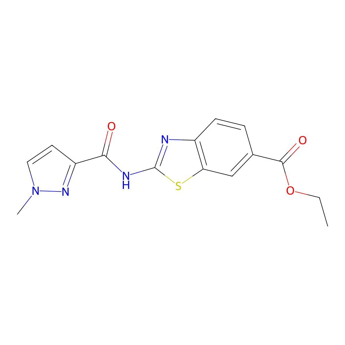 ethyl 2-(1-methyl-1H-pyrazole-3-amido)-1,3-benzothiazole-6-carboxylate molecular structure, CAS 1020489-50-2