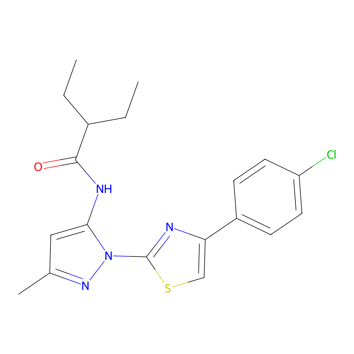 N-(1-(4-(4-chlorophenyl)thiazol-2-yl)-3-methyl-1H-pyrazol-5-yl)-2-ethylbutanamide molecular structure, CAS 1020489-51-3