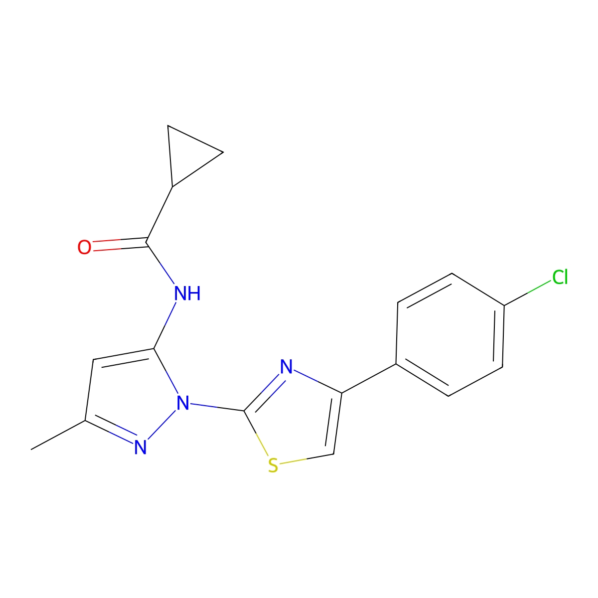 N-(1-(4-(4-chlorophenyl)thiazol-2-yl)-3-methyl-1H-pyrazol-5-yl)cyclopropanecarboxamide molecular structure, CAS 1020489-53-5