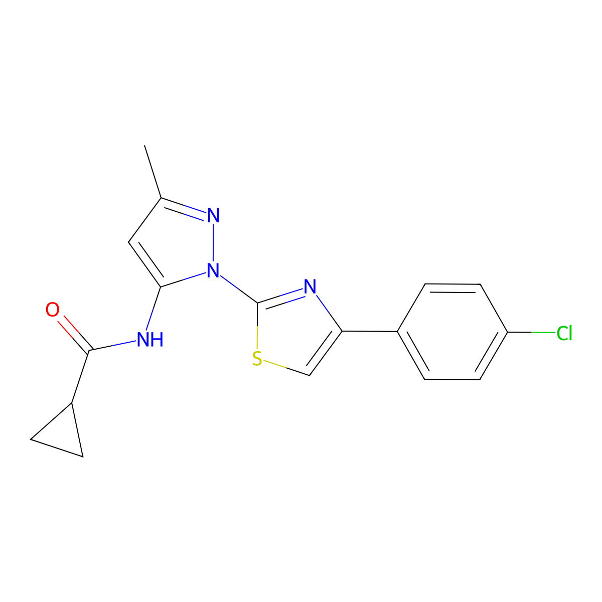 N-(1-(4-(4-chlorophenyl)thiazol-2-yl)-3-methyl-1H-pyrazol-5-yl)cyclopropanecarboxamide molecular structure, CAS 1020489-53-5