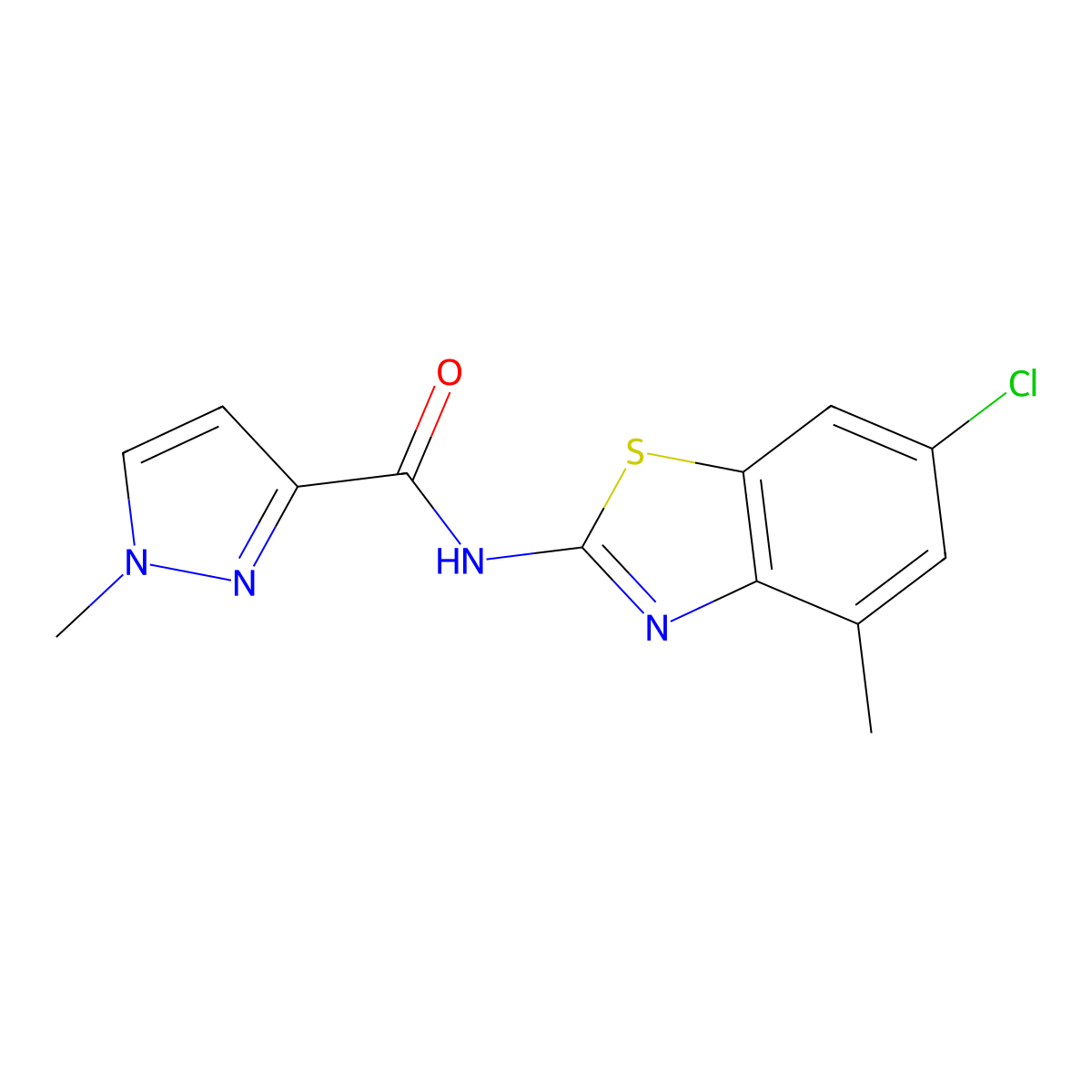 N-(6-chloro-4-methyl-1,3-benzothiazol-2-yl)-1-methyl-1H-pyrazole-3-carboxamide molecular structure, CAS 1020489-54-6
