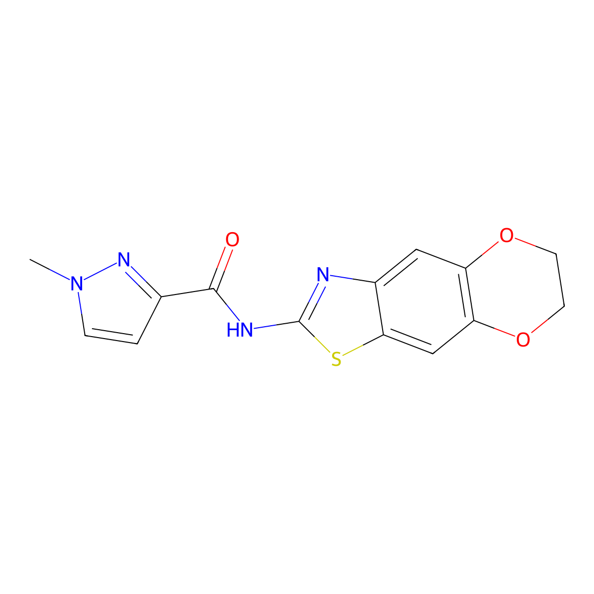 N-{10,13-dioxa-4-thia-6-azatricyclo[7.4.0.0^{3,7}]trideca-1,3(7),5,8-tetraen-5-yl}-1-methyl-1H-pyrazole-3-carboxamide molecular structure, CAS 1020489-56-8