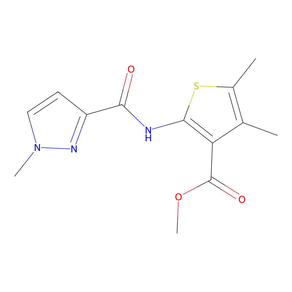 methyl 4,5-dimethyl-2-(1-methyl-1H-pyrazole-3-amido)thiophene-3-carboxylate molecular structure, CAS 1020489-58-0