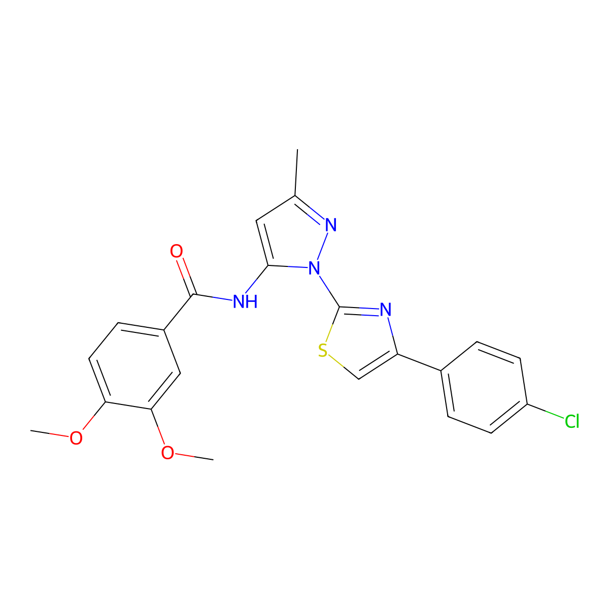 N-(1-(4-(4-chlorophenyl)thiazol-2-yl)-3-methyl-1H-pyrazol-5-yl)-3,4-dimethoxybenzamide molecular structure, CAS 1020489-59-1