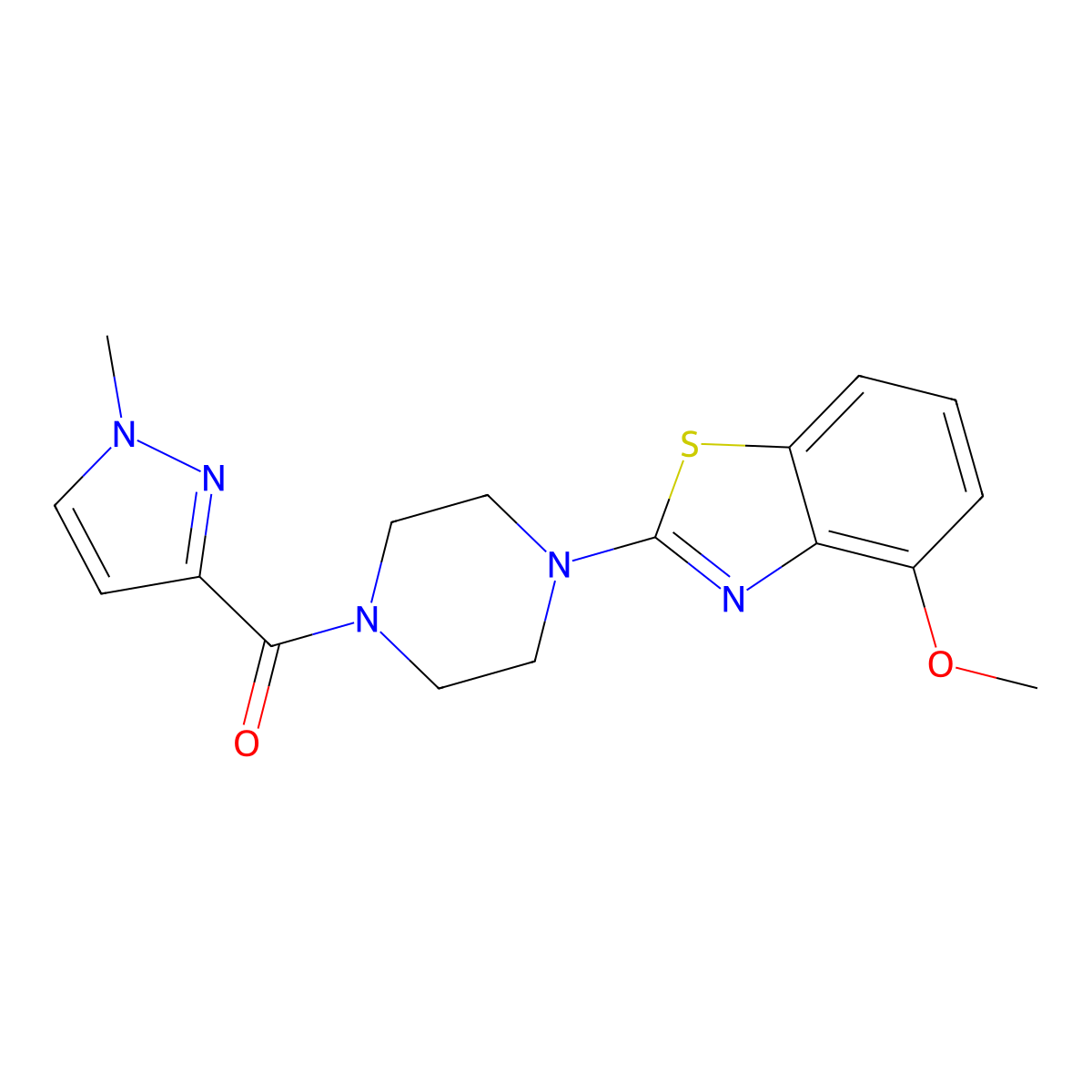4-methoxy-2-[4-(1-methyl-1H-pyrazole-3-carbonyl)piperazin-1-yl]-1,3-benzothiazole molecular structure, CAS 1020489-60-4