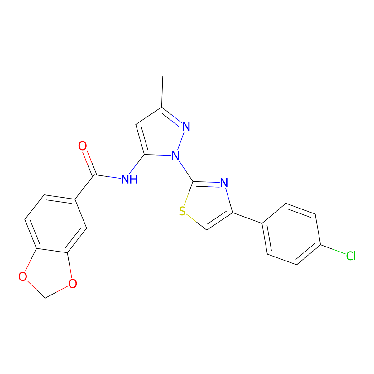 N-(1-(4-(4-chlorophenyl)thiazol-2-yl)-3-methyl-1H-pyrazol-5-yl)benzo[d][1,3]dioxole-5-carboxamide molecular structure, CAS 1020489-61-5