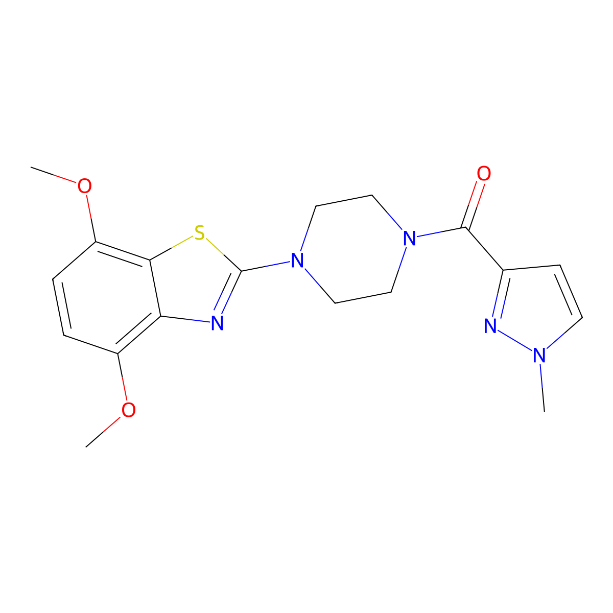 4,7-dimethoxy-2-[4-(1-methyl-1H-pyrazole-3-carbonyl)piperazin-1-yl]-1,3-benzothiazole molecular structure, CAS 1020489-62-6