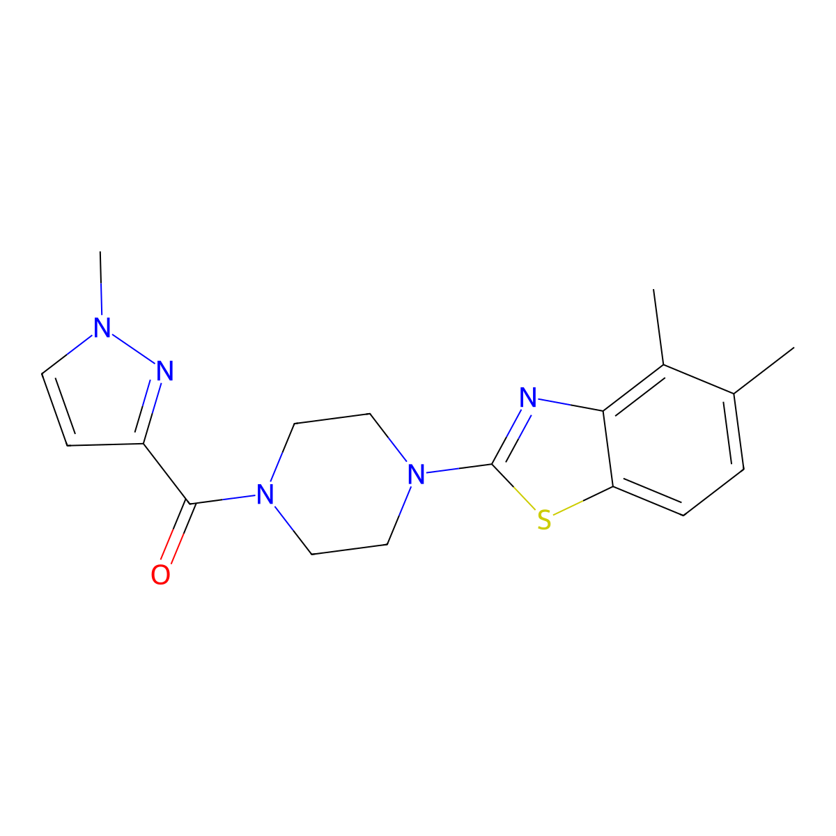 4,5-dimethyl-2-[4-(1-methyl-1H-pyrazole-3-carbonyl)piperazin-1-yl]-1,3-benzothiazole molecular structure, CAS 1020489-66-0