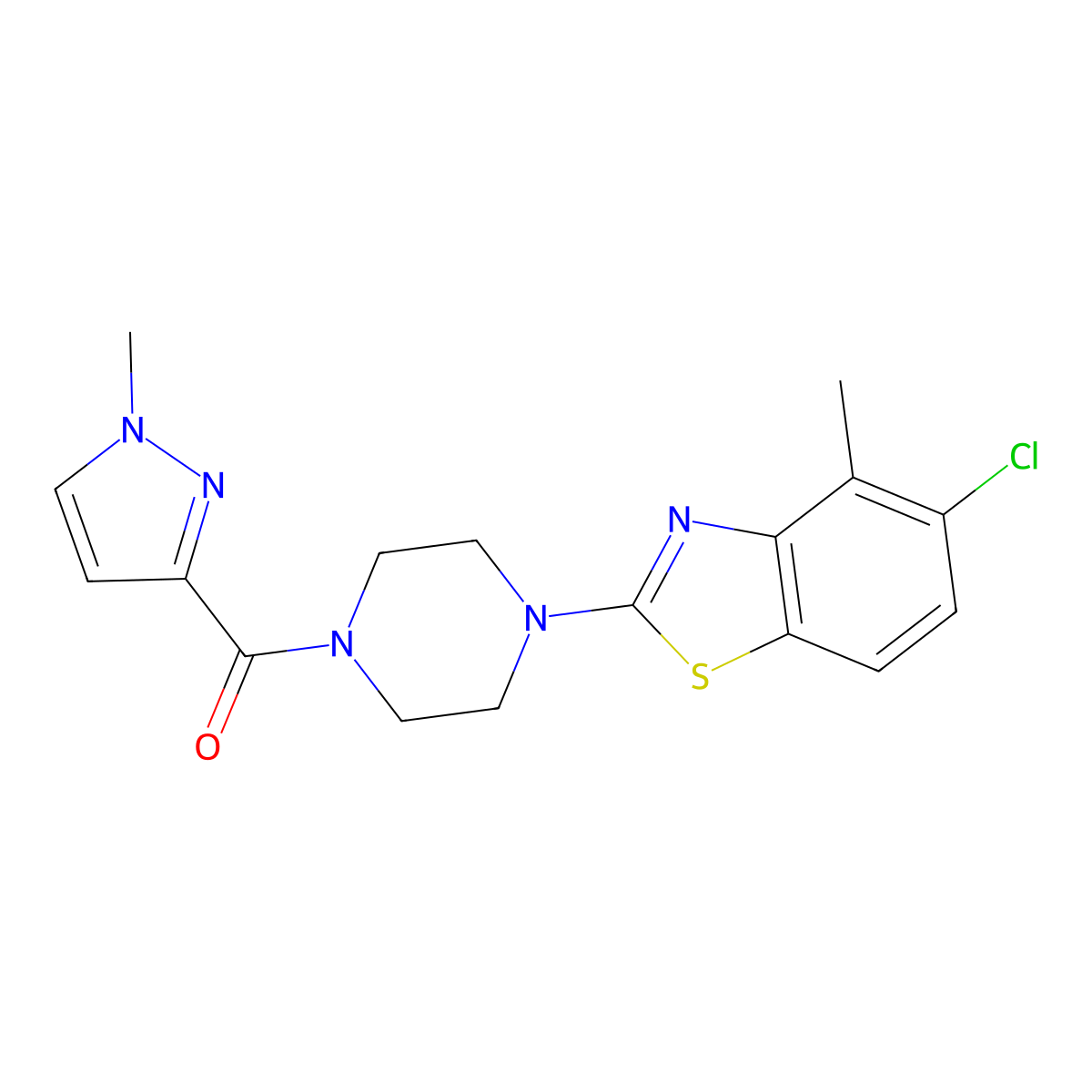 (4-(5-chloro-4-methylbenzo[d]thiazol-2-yl)piperazin-1-yl)(1-methyl-1H-pyrazol-3-yl)methanone molecular structure, CAS 1020489-68-2