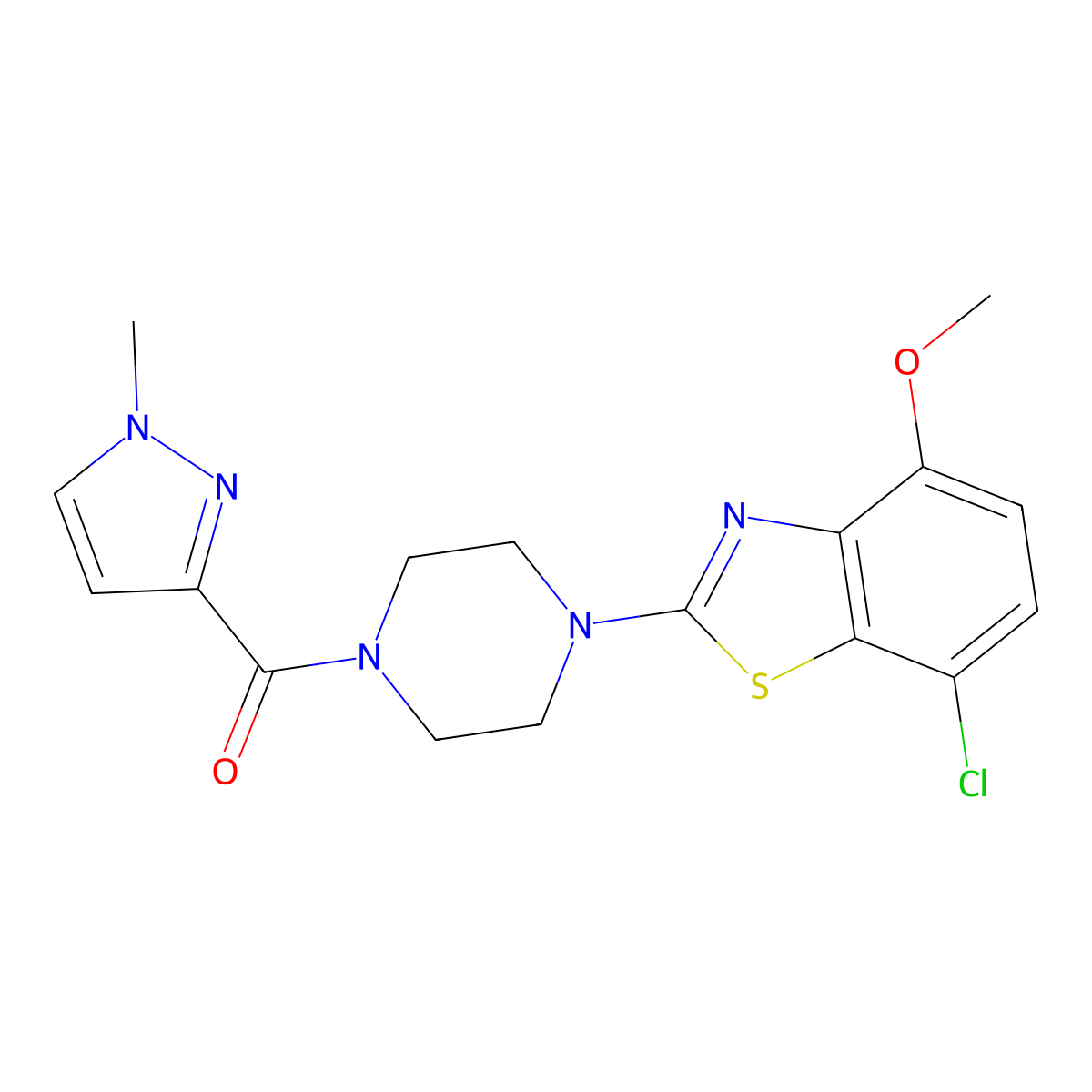 7-chloro-4-methoxy-2-[4-(1-methyl-1H-pyrazole-3-carbonyl)piperazin-1-yl]-1,3-benzothiazole molecular structure, CAS 1020489-70-6