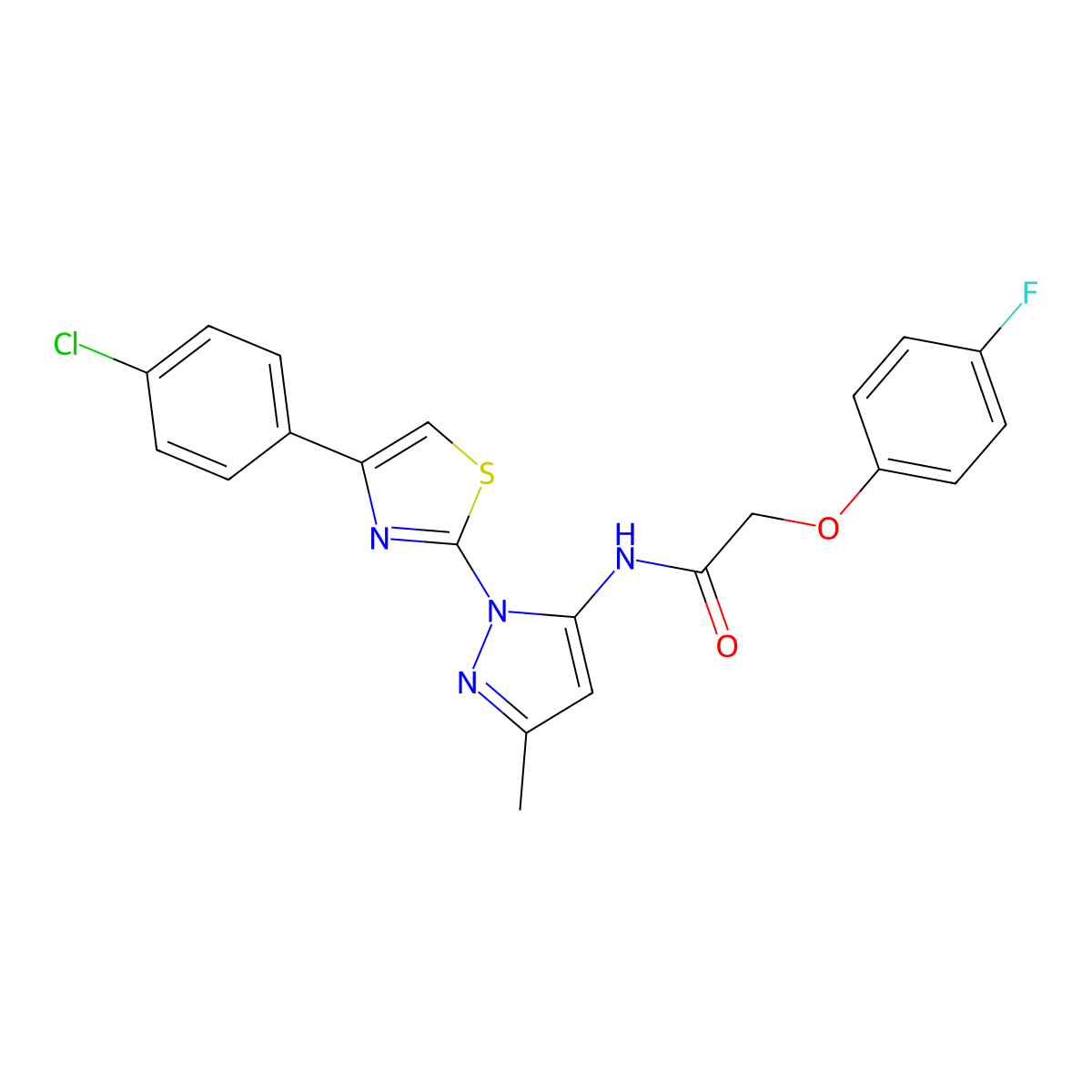 N-(1-(4-(4-chlorophenyl)thiazol-2-yl)-3-methyl-1H-pyrazol-5-yl)-2-(4-fluorophenoxy)acetamide molecular structure, CAS 1020489-71-7