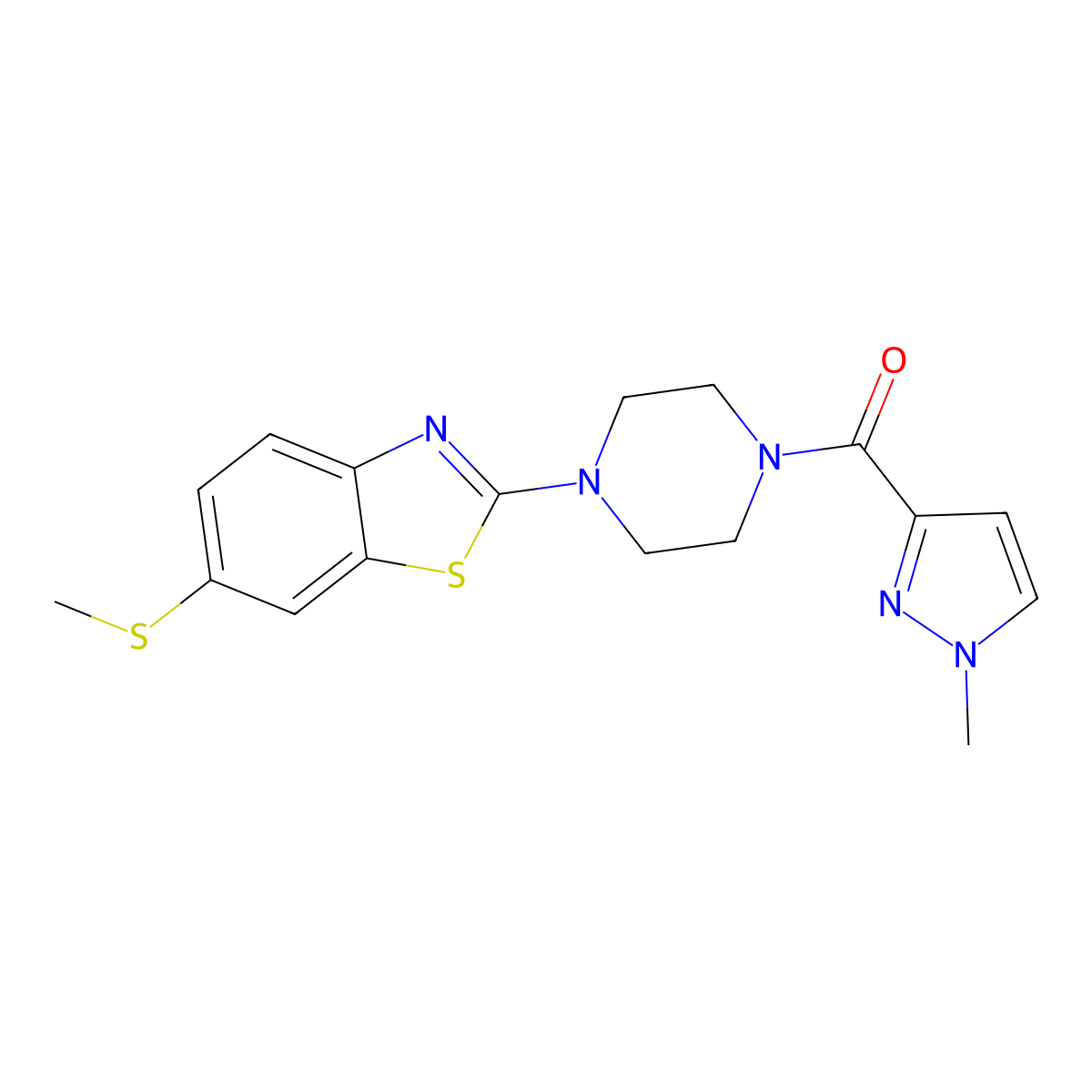 2-[4-(1-methyl-1H-pyrazole-3-carbonyl)piperazin-1-yl]-6-(methylsulfanyl)-1,3-benzothiazole molecular structure, CAS 1020489-72-8