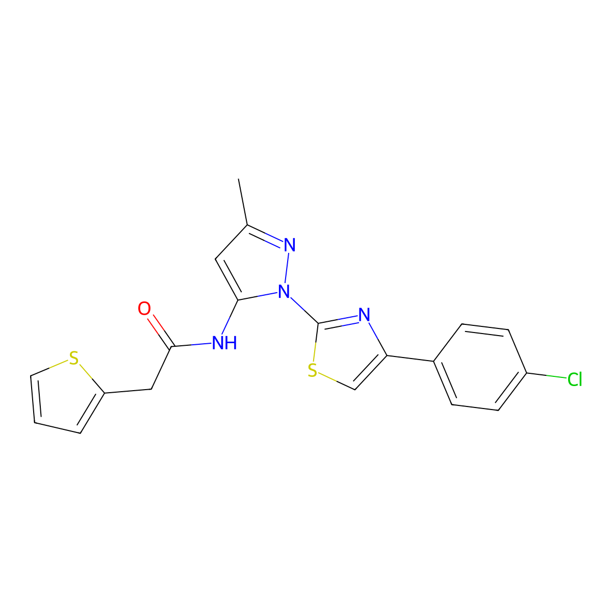 N-(1-(4-(4-chlorophenyl)thiazol-2-yl)-3-methyl-1H-pyrazol-5-yl)-2-(thiophen-2-yl)acetamide molecular structure, CAS 1020489-75-1