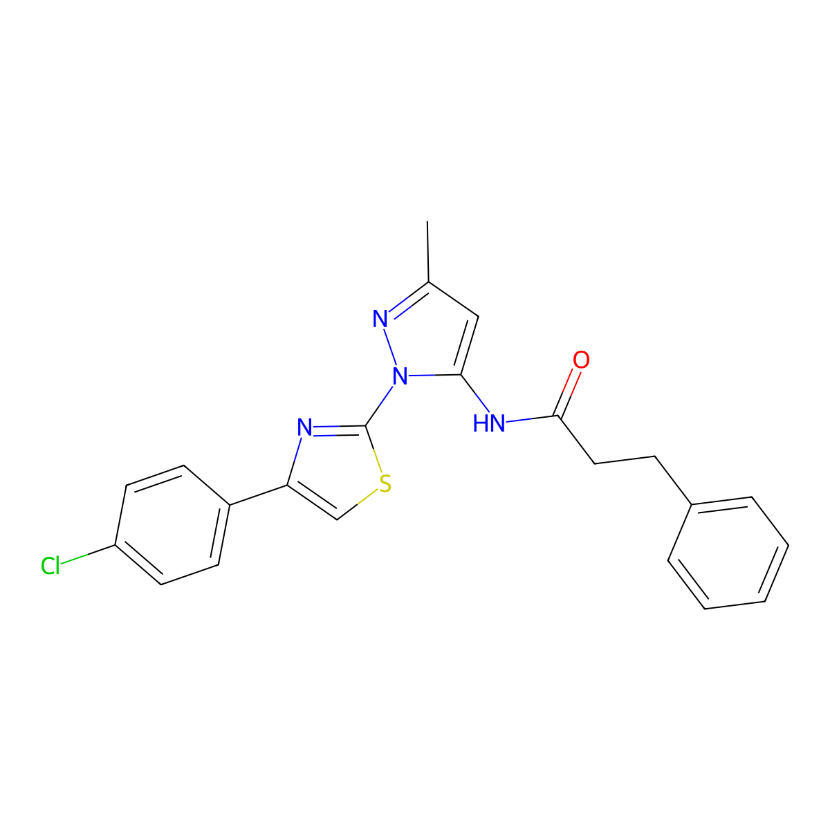 N-(1-(4-(4-chlorophenyl)thiazol-2-yl)-3-methyl-1H-pyrazol-5-yl)-3-phenylpropanamide molecular structure, CAS 1020489-77-3