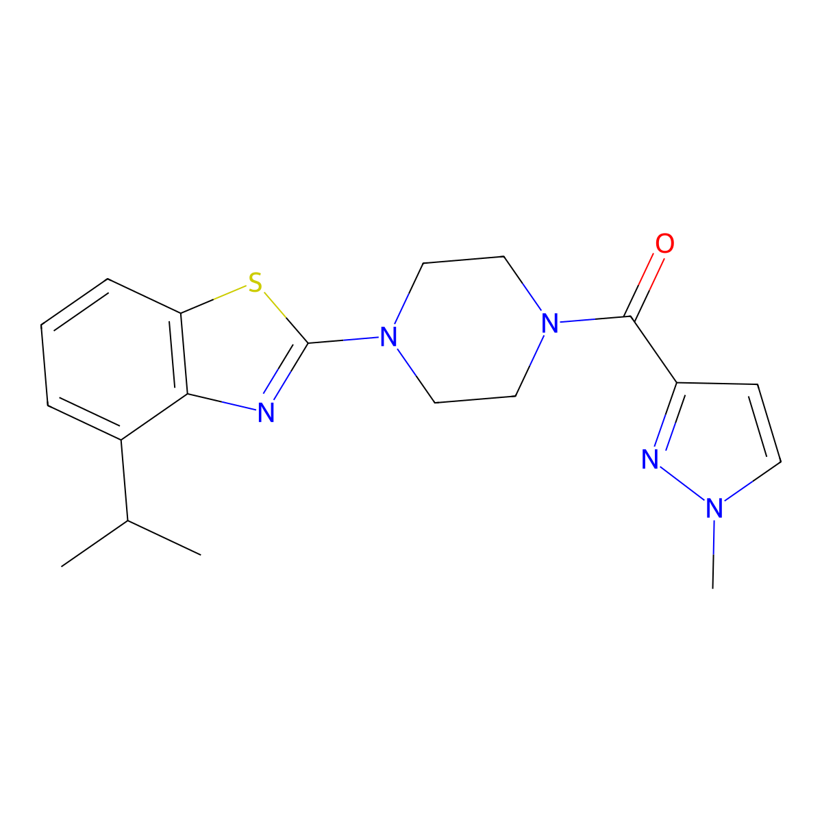 2-[4-(1-methyl-1H-pyrazole-3-carbonyl)piperazin-1-yl]-4-(propan-2-yl)-1,3-benzothiazole molecular structure, CAS 1020489-78-4