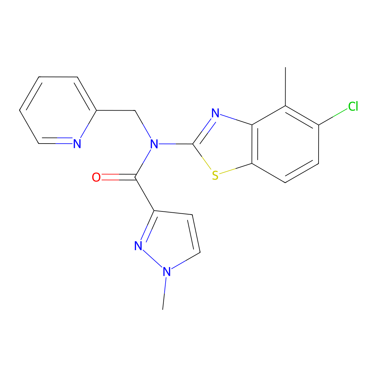 N-(5-chloro-4-methyl-1,3-benzothiazol-2-yl)-1-methyl-N-[(pyridin-2-yl)methyl]-1H-pyrazole-3-carboxamide molecular structure, CAS 1020489-82-0