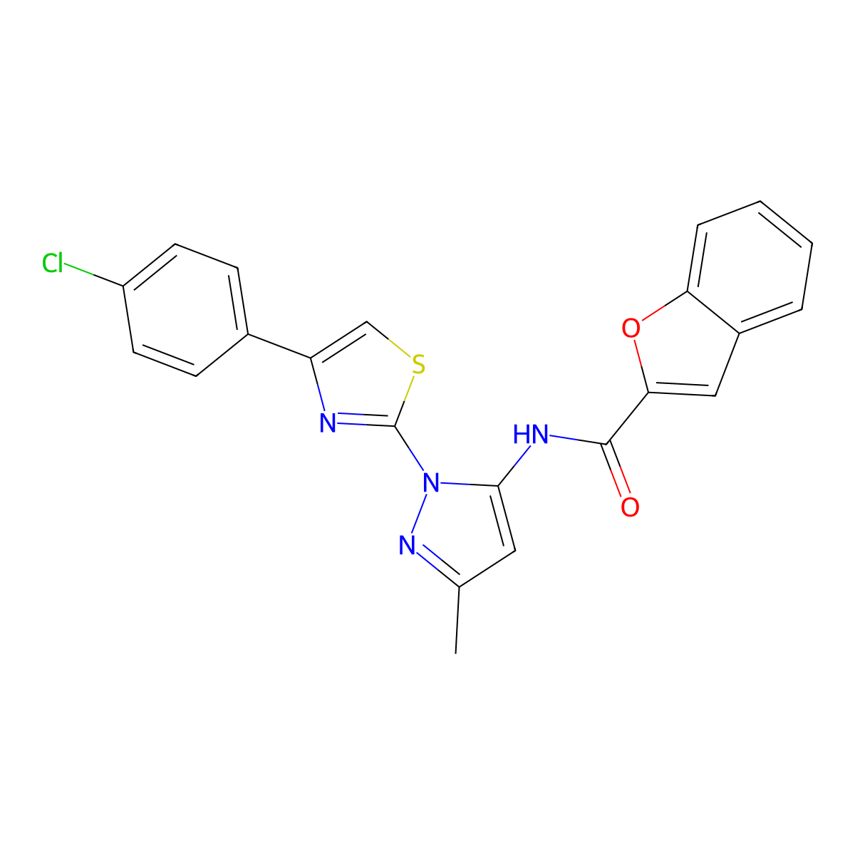 N-(1-(4-(4-chlorophenyl)thiazol-2-yl)-3-methyl-1H-pyrazol-5-yl)benzofuran-2-carboxamide molecular structure, CAS 1020489-85-3