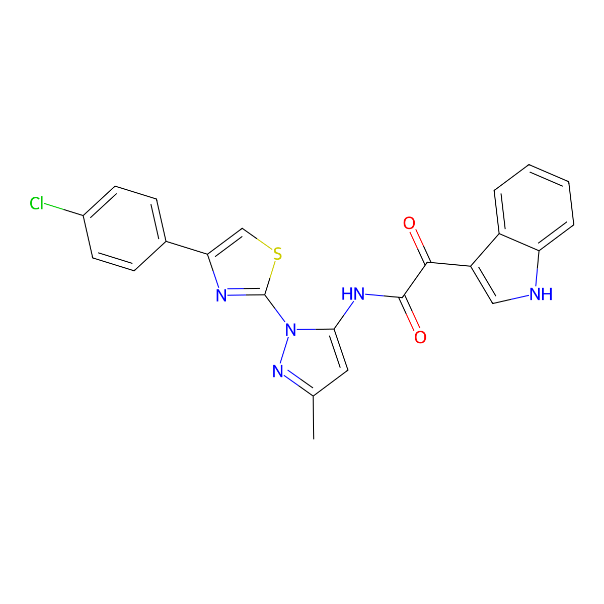 N-(1-(4-(4-chlorophenyl)thiazol-2-yl)-3-methyl-1H-pyrazol-5-yl)-2-(1H-indol-3-yl)-2-oxoacetamide molecular structure, CAS 1020489-87-5