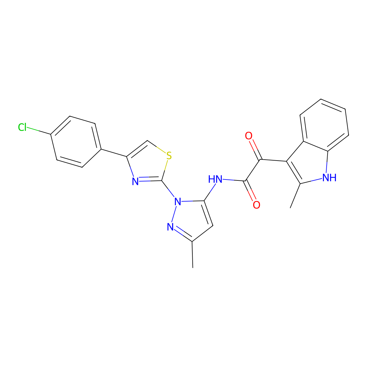 N-(1-(4-(4-chlorophenyl)thiazol-2-yl)-3-methyl-1H-pyrazol-5-yl)-2-(2-methyl-1H-indol-3-yl)-2-oxoacetamide molecular structure, CAS 1020489-89-7