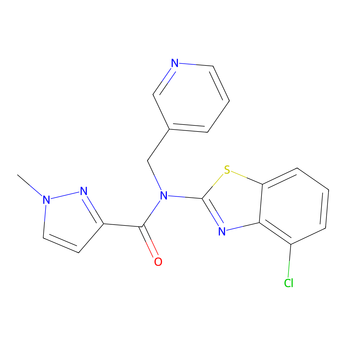 N-(4-chloro-1,3-benzothiazol-2-yl)-1-methyl-N-[(pyridin-3-yl)methyl]-1H-pyrazole-3-carboxamide molecular structure, CAS 1020489-92-2