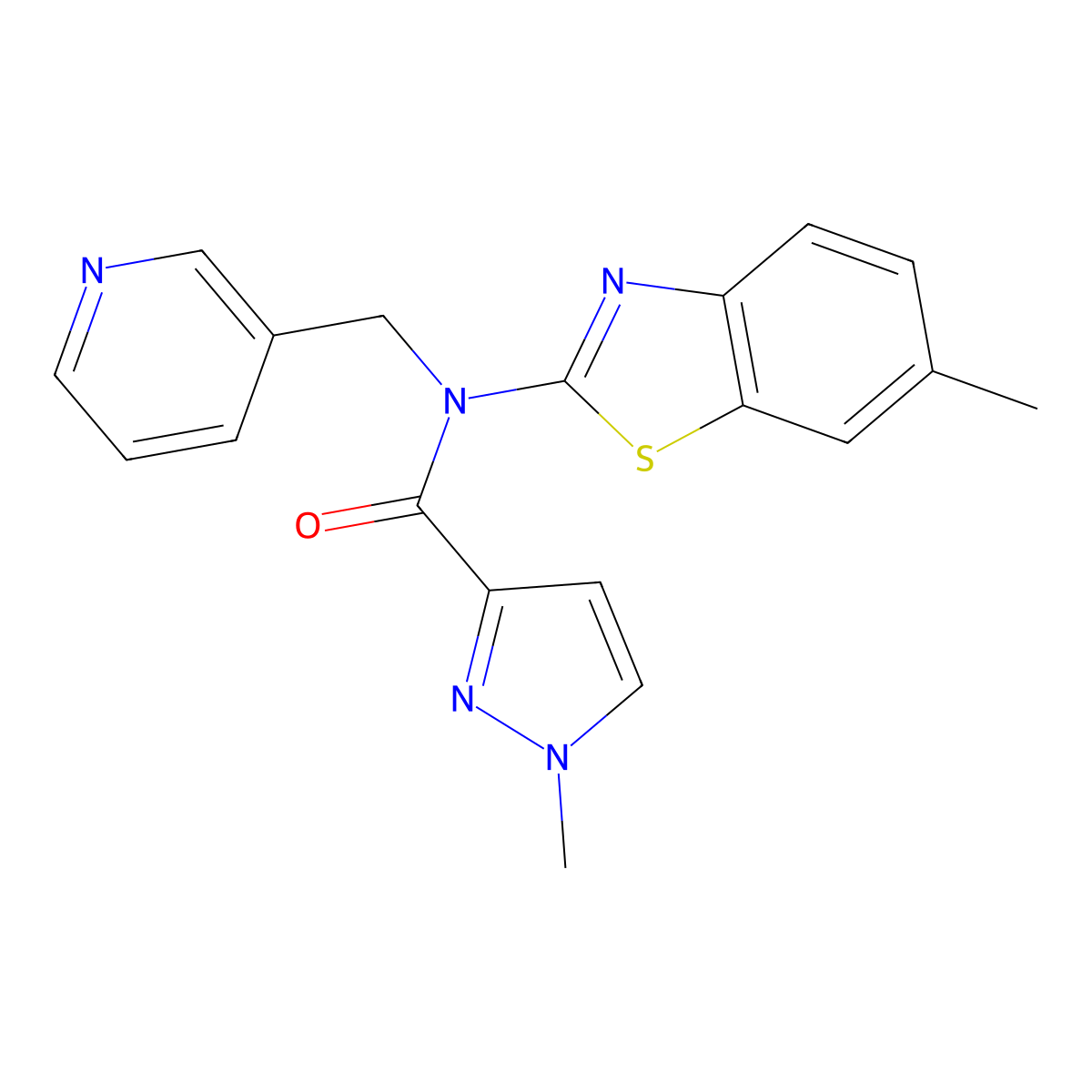 1-methyl-N-(6-methyl-1,3-benzothiazol-2-yl)-N-[(pyridin-3-yl)methyl]-1H-pyrazole-3-carboxamide molecular structure, CAS 1020489-94-4