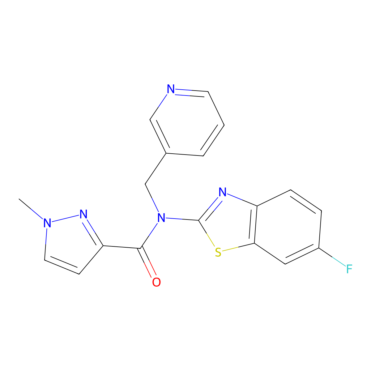 N-(6-fluoro-1,3-benzothiazol-2-yl)-1-methyl-N-[(pyridin-3-yl)methyl]-1H-pyrazole-3-carboxamide molecular structure, CAS 1020489-95-5