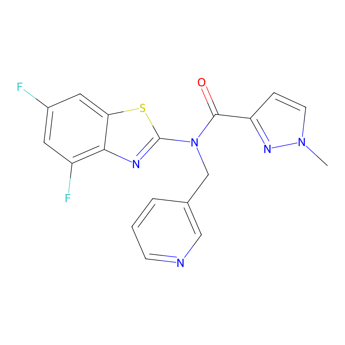 N-(4,6-difluoro-1,3-benzothiazol-2-yl)-1-methyl-N-[(pyridin-3-yl)methyl]-1H-pyrazole-3-carboxamide molecular structure, CAS 1020489-96-6