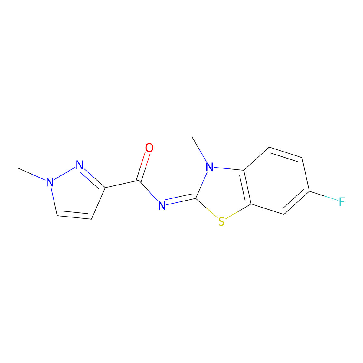 N-(6-fluoro-3-methyl-2,3-dihydro-1,3-benzothiazol-2-ylidene)-1-methyl-1H-pyrazole-3-carboxamide molecular structure, CAS 1020489-97-7