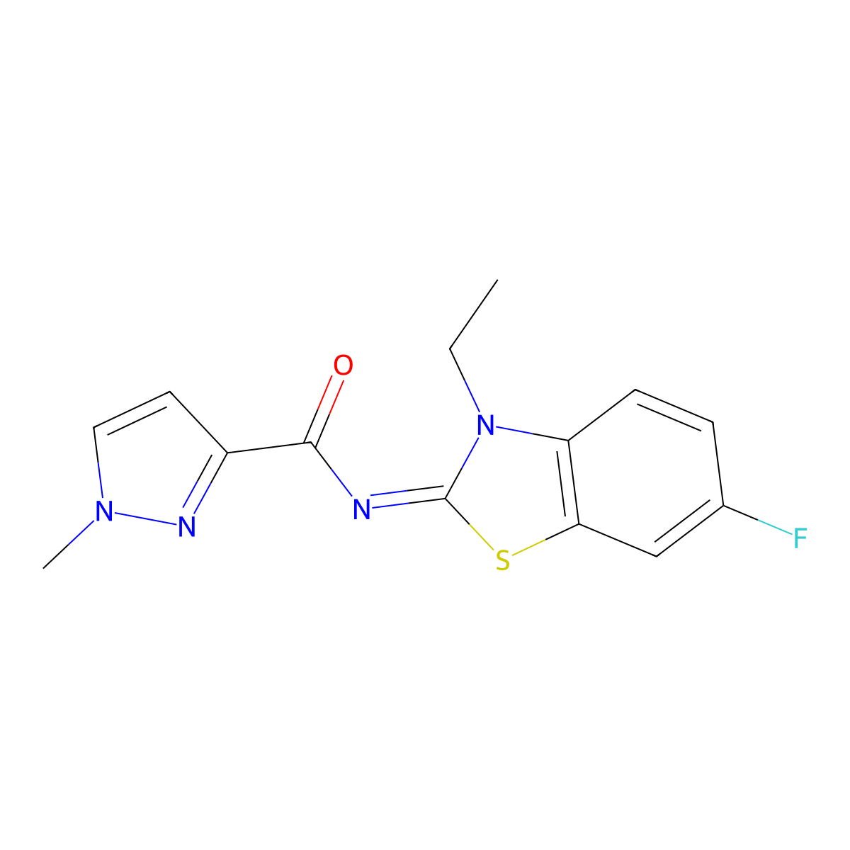 N-(3-ethyl-6-fluorobenzo[d]thiazol-2(3H)-ylidene)-1-methyl-1H-pyrazole-3-carboxamide molecular structure, CAS 1020489-98-8