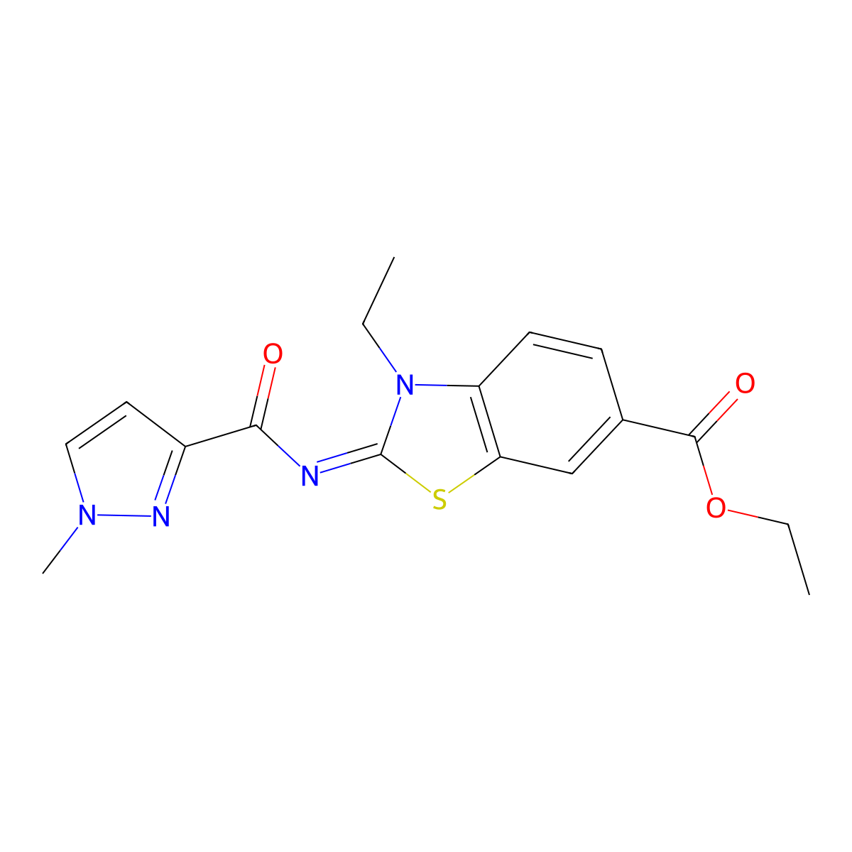ethyl (2E)-3-ethyl-2-[(1-methyl-1H-pyrazole-3-carbonyl)imino]-2,3-dihydro-1,3-benzothiazole-6-carboxylate molecular structure, CAS 1020489-99-9