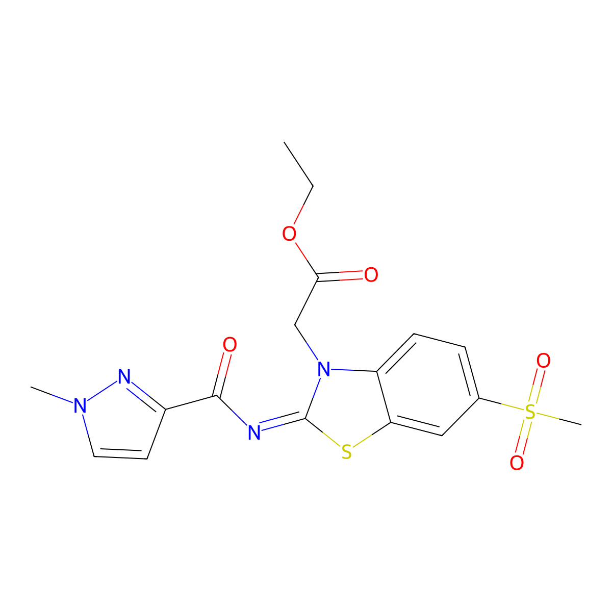 (Z)-ethyl 2-(2-((1-methyl-1H-pyrazole-3-carbonyl)imino)-6-(methylsulfonyl)benzo[d]thiazol-3(2H)-yl)acetate molecular structure, CAS 1020490-01-0