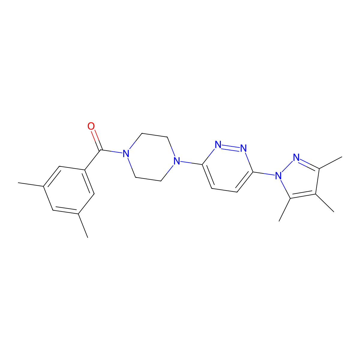 3-[4-(3,5-dimethylbenzoyl)piperazin-1-yl]-6-(3,4,5-trimethyl-1H-pyrazol-1-yl)pyridazine molecular structure, CAS 1020501-87-4