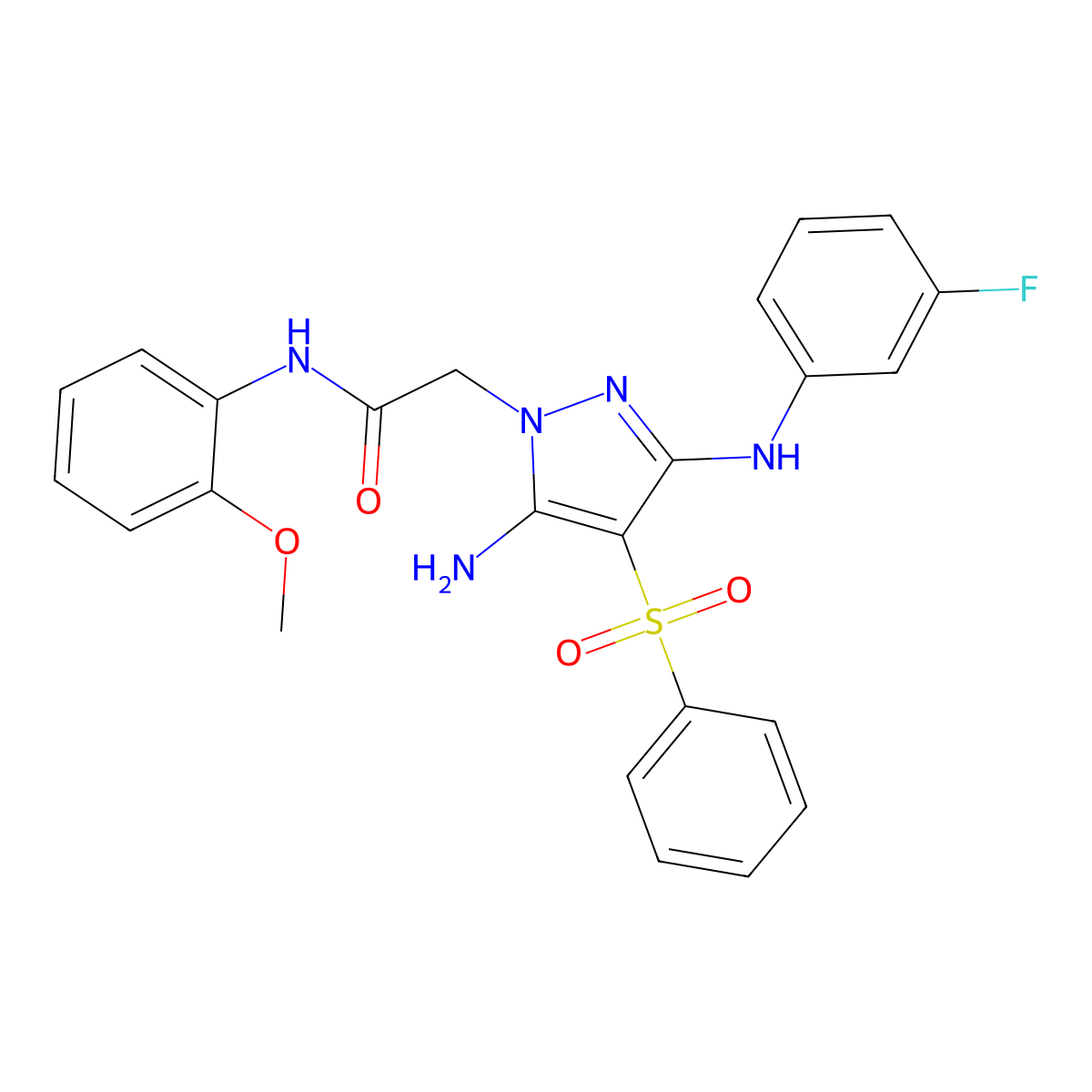 2-(5-amino-3-((3-fluorophenyl)amino)-4-(phenylsulfonyl)-1H-pyrazol-1-yl)-N-(2-methoxyphenyl)acetamide molecular structure, CAS 1020502-20-8